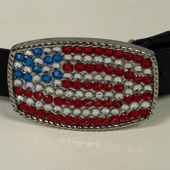 Steve Madden Rhinestone Flag Black Leather Belt SZ M Perfect for July 4th - Picture 2 of 4